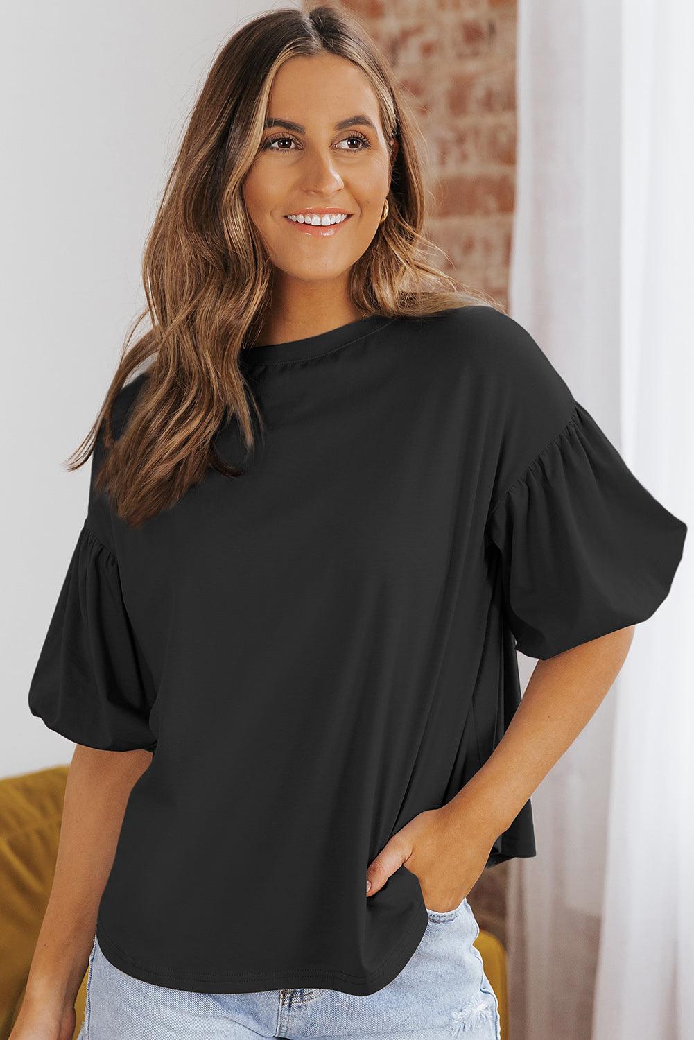 Puff Sleeve Curved Hem Blouse Blouses Trends Black S 