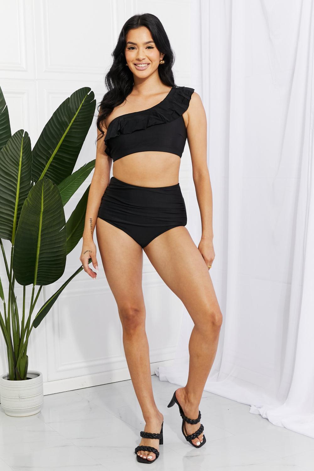Marina West Swim Seaside Romance Ruffle One-Shoulder Bikini in Black Swimwear Trendsi   