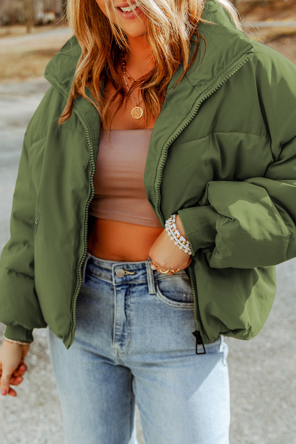 Zip Up Collared Neck Coat with Pockets Coats Trendsi Moss S 