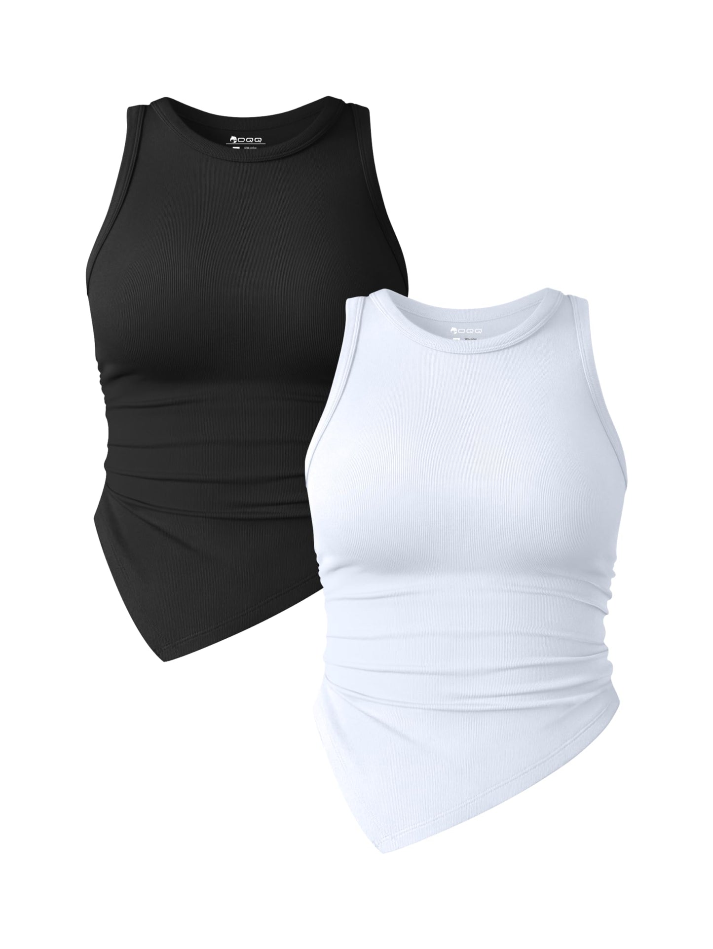 OQQ Women's 2 Piece Tank Tops Ruched Crew Neck Sleeveless Basic Stretch Tee Shirts Tops Habits affär Black,white Medium 