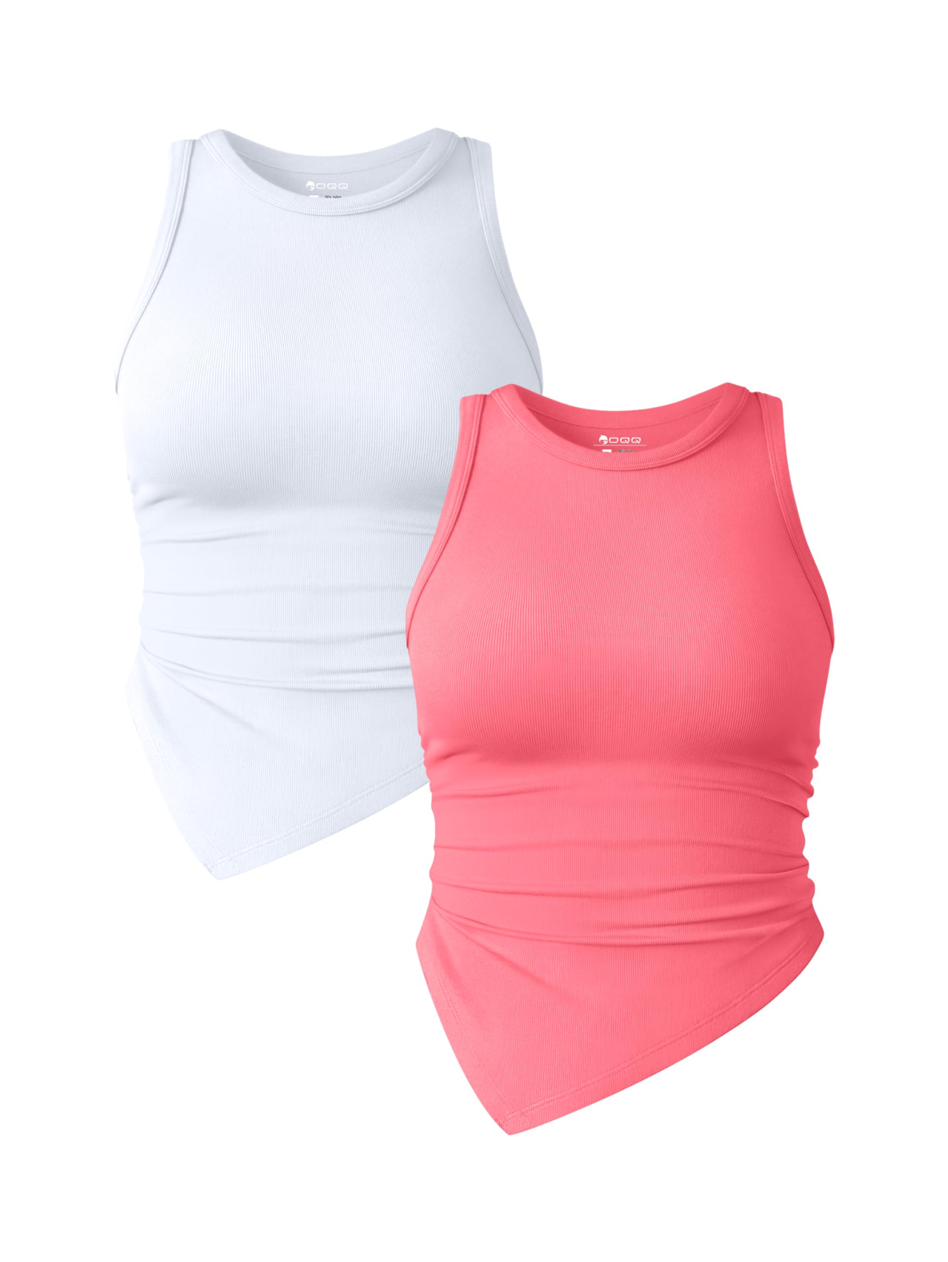 OQQ Women's 2 Piece Tank Tops Ruched Crew Neck Sleeveless Basic Stretch Tee Shirts Tops Habits affär Fluorescent Pink A,white Small 