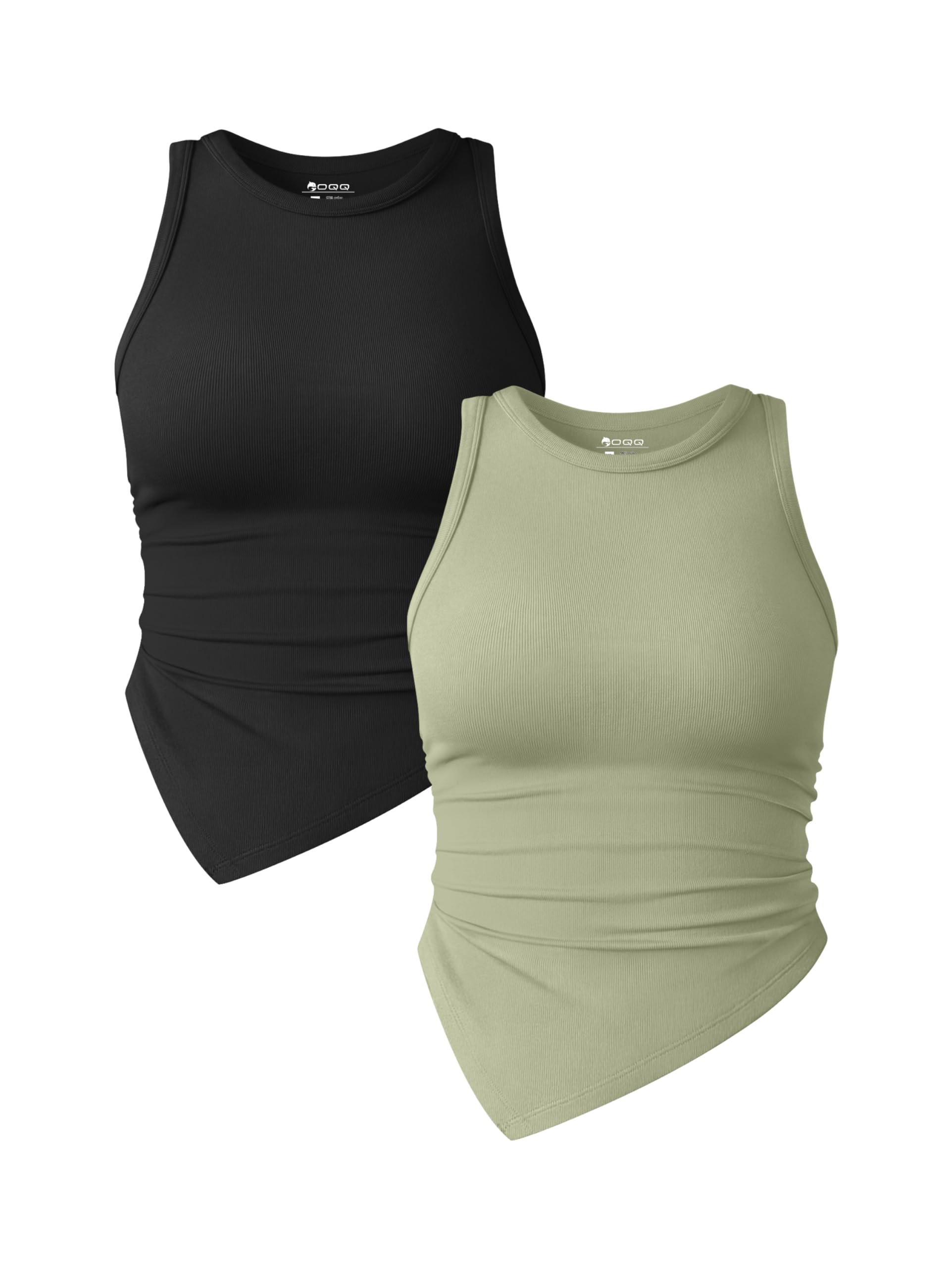 OQQ Women's 2 Piece Tank Tops Ruched Crew Neck Sleeveless Basic Stretch Tee Shirts Tops Habits affär Black,jade Green Small 