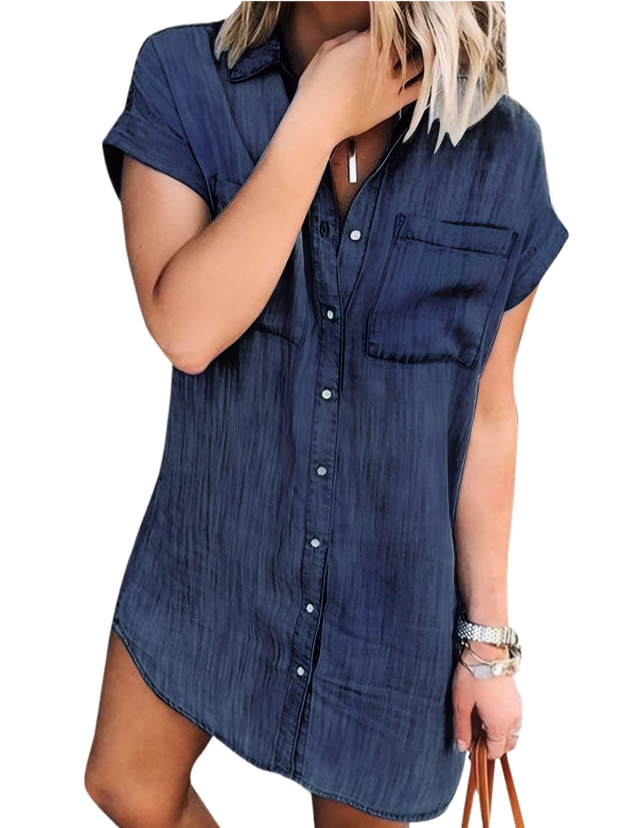 Zilcremo Women Denim Shirt Dresses Short Sleeve Distressed Jean Dress Button Down Casual Tunic Top Dresses Habits affär Navy XX-Large 