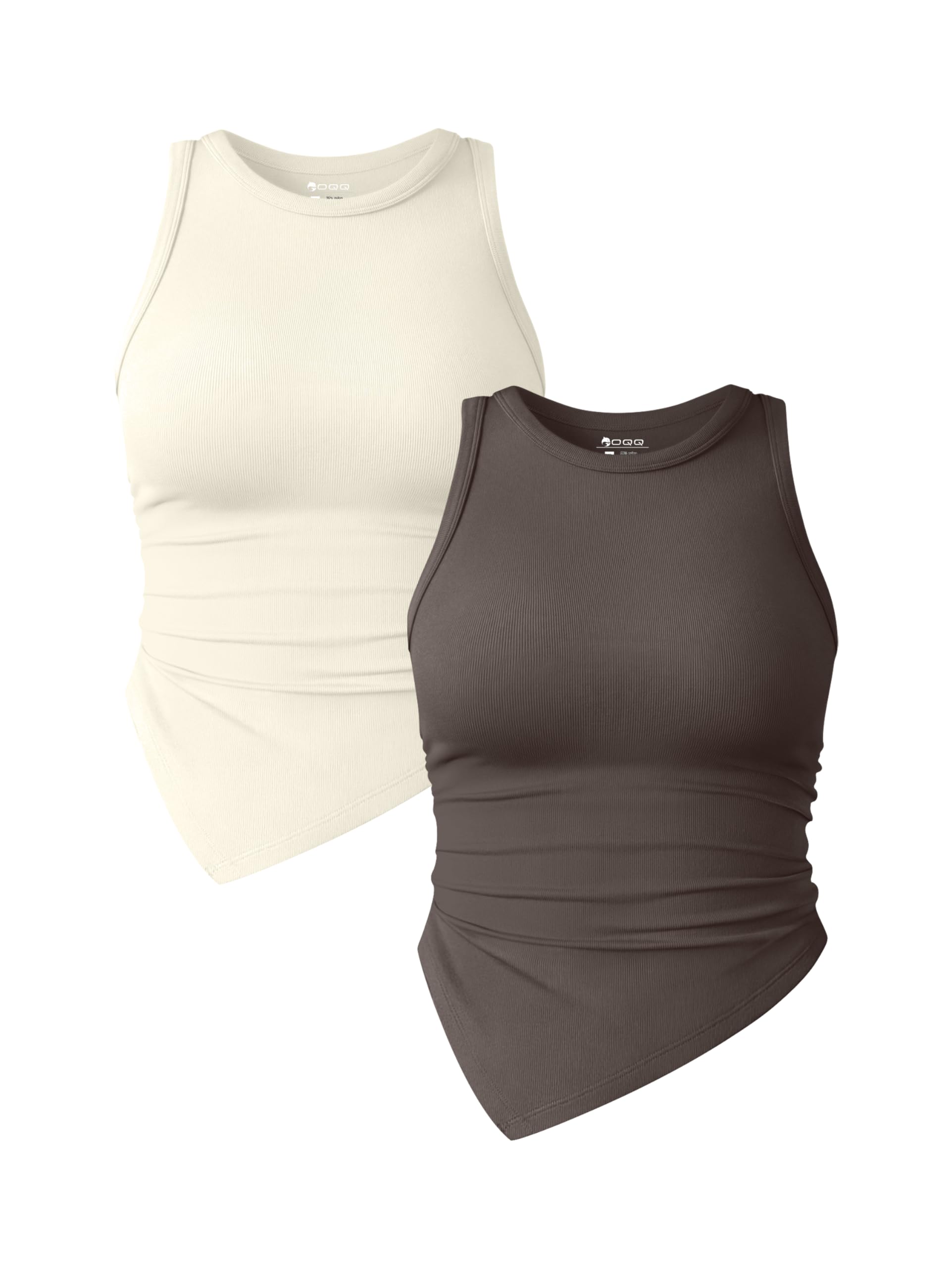 OQQ Women's 2 Piece Tank Tops Ruched Crew Neck Sleeveless Basic Stretch Tee Shirts Tops Habits affär Tea Leaf,beige Large 