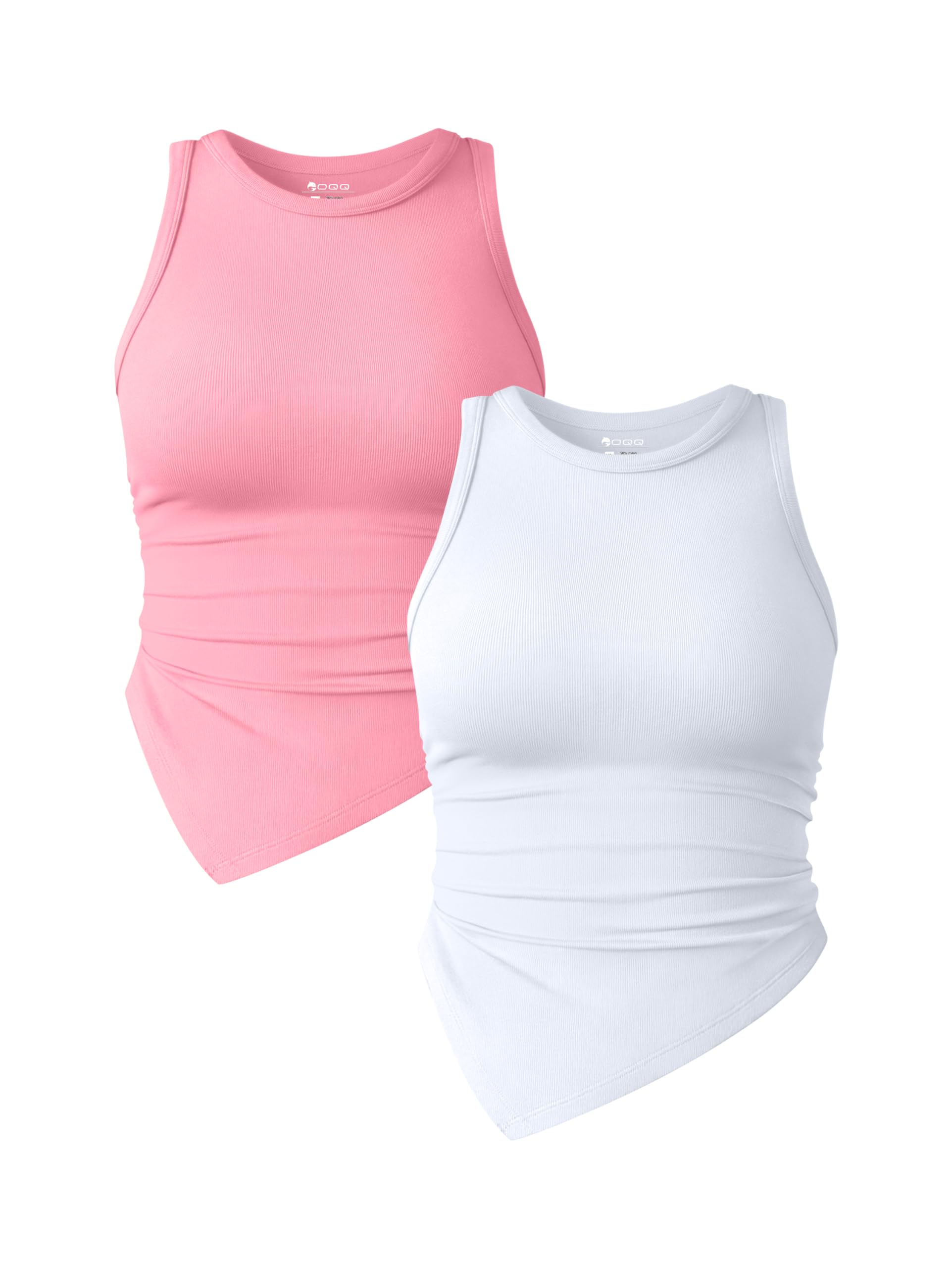 OQQ Women's 2 Piece Tank Tops Ruched Crew Neck Sleeveless Basic Stretch Tee Shirts Tops Habits affär Candypink,white Large 