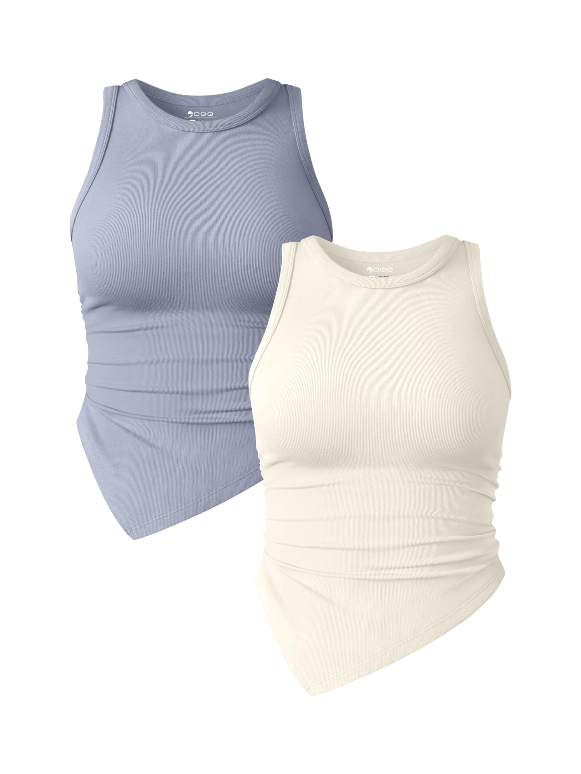 OQQ Women's 2 Piece Tank Tops Ruched Crew Neck Sleeveless Basic Stretch Tee Shirts Tops Habits affär Blues,beige Small 