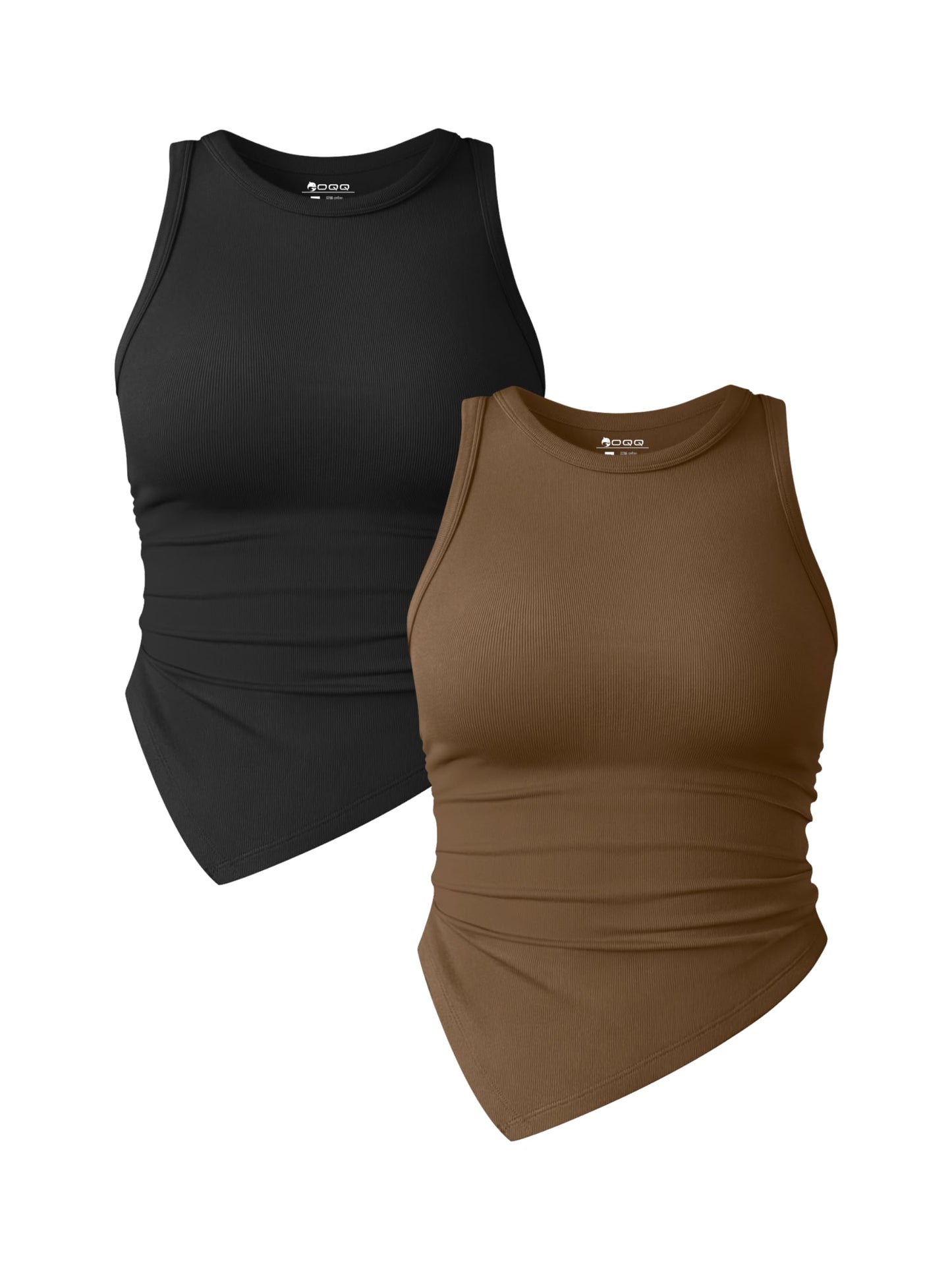 OQQ Women's 2 Piece Tank Tops Ruched Crew Neck Sleeveless Basic Stretch Tee Shirts Tops Habits affär Black,coffee X-Large 