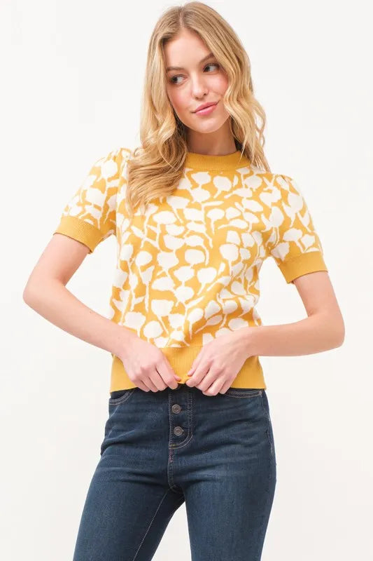 And The Why Short Sleeve Leaf Pattern Knit Top Tops Trends