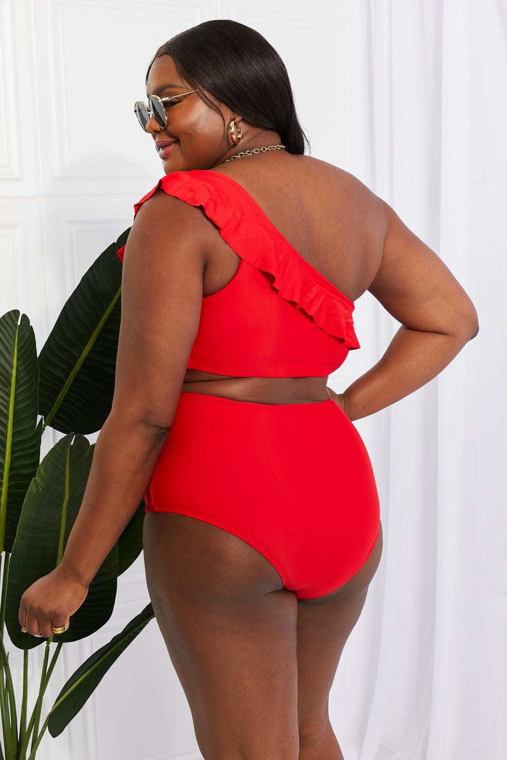 Marina West Swim Seaside Romance Ruffle One-Shoulder Bikini in Red Swimwear Trendsi   
