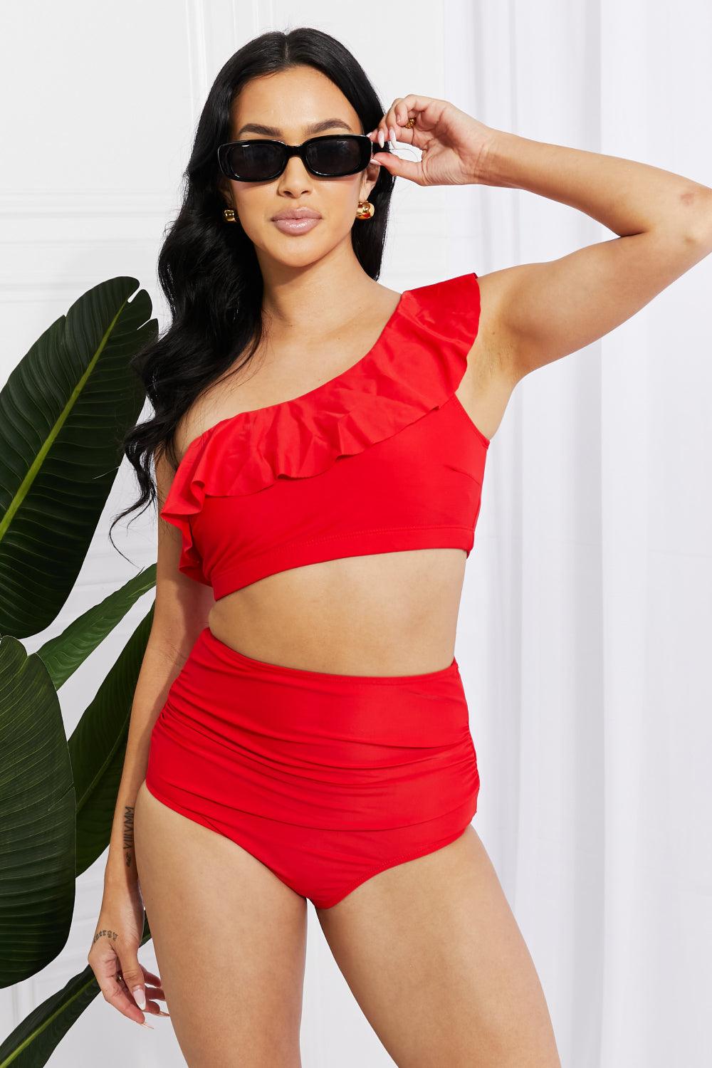 Marina West Swim Seaside Romance Ruffle One-Shoulder Bikini in Red Swimwear Trendsi   