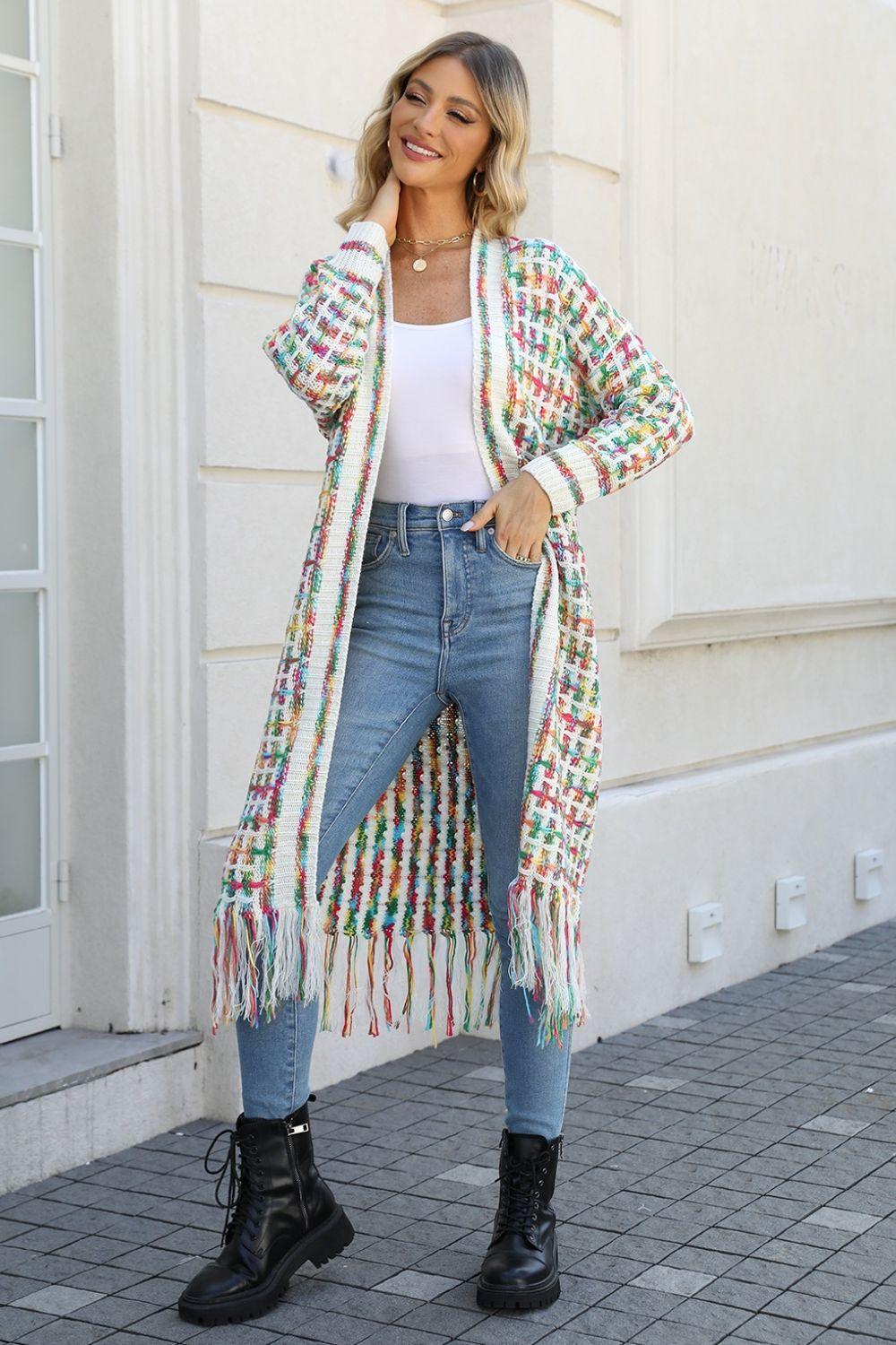 Multicolored Fringe Hem Cardigan Cardigans White Mid Green 2XL 
