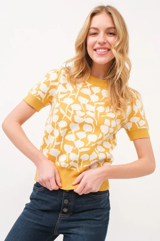 And The Why Short Sleeve Leaf Pattern Knit Top Tops Trends