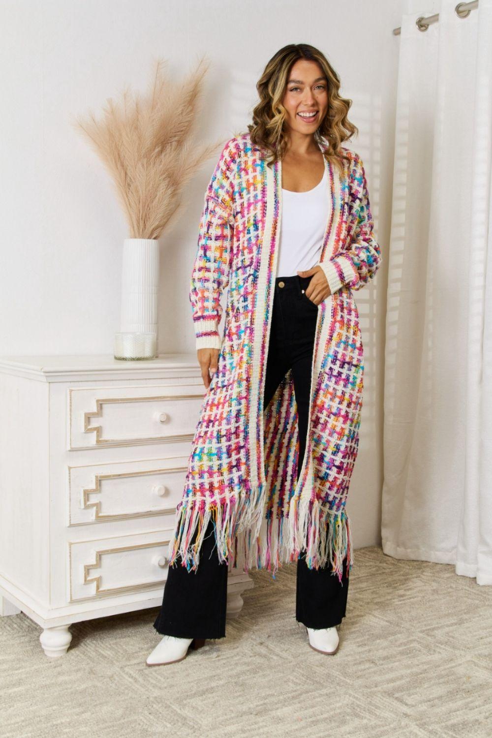 Multicolored Fringe Hem Cardigan Cardigans White Red/White L 
