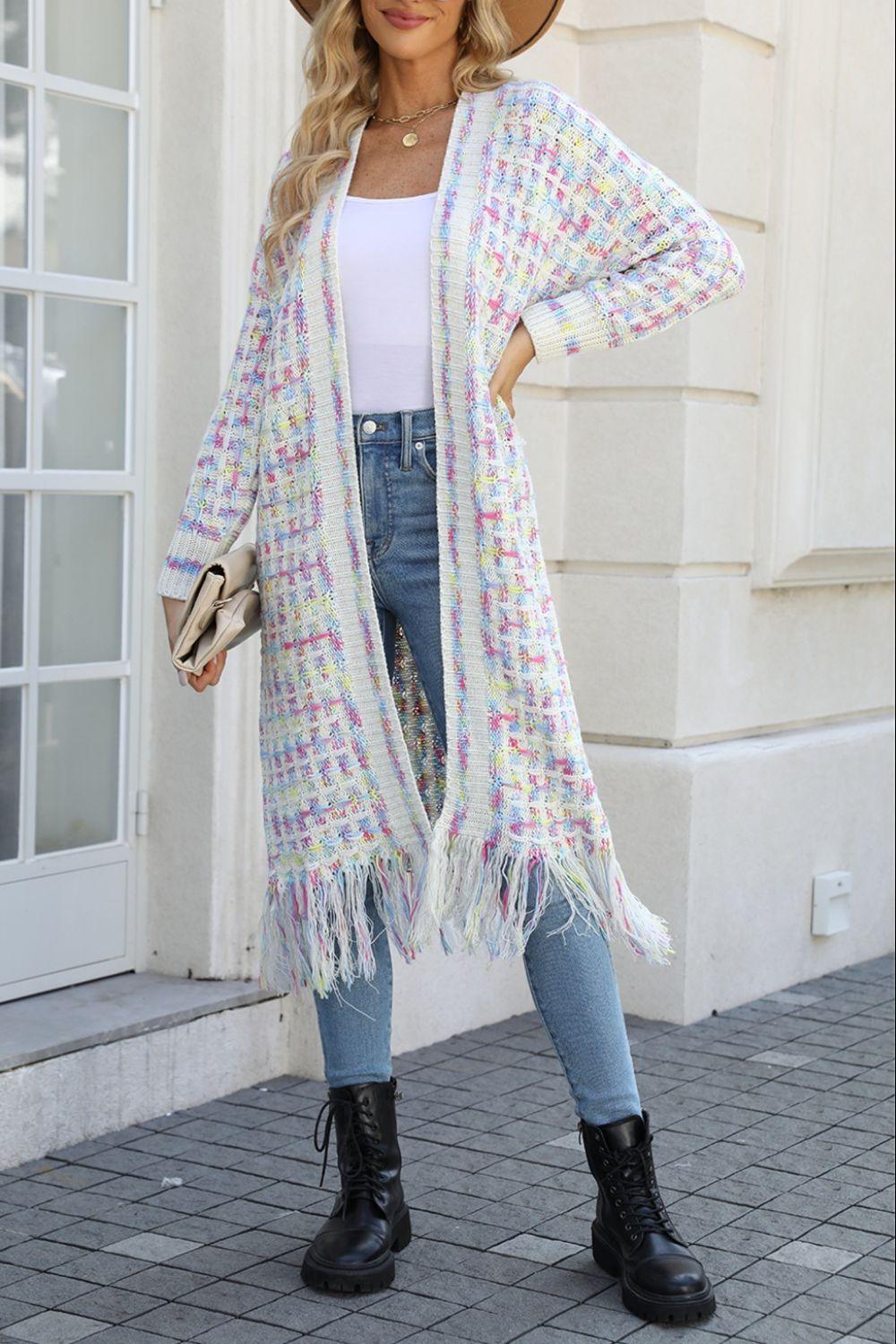 Multicolored Fringe Hem Cardigan Cardigans White Cream L 