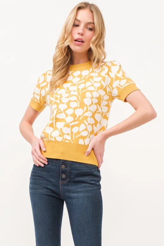 And The Why Short Sleeve Leaf Pattern Knit Top Tops Trends