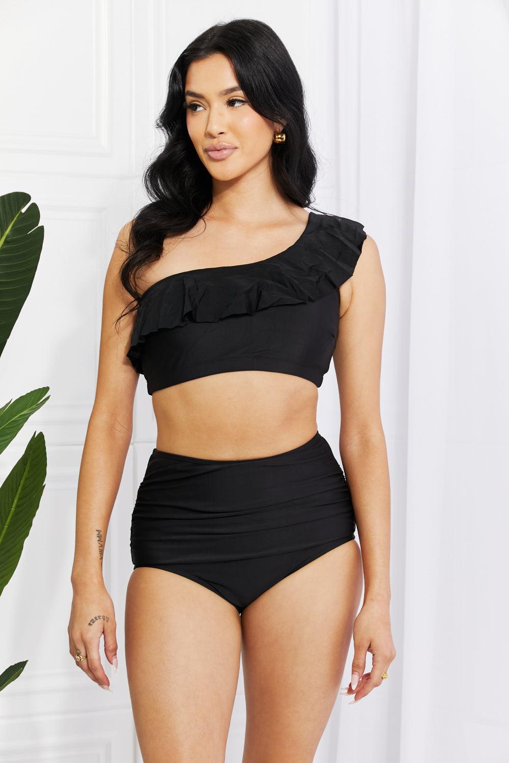 Marina West Swim Seaside Romance Ruffle One-Shoulder Bikini in Black Swimwear Trendsi Black S 