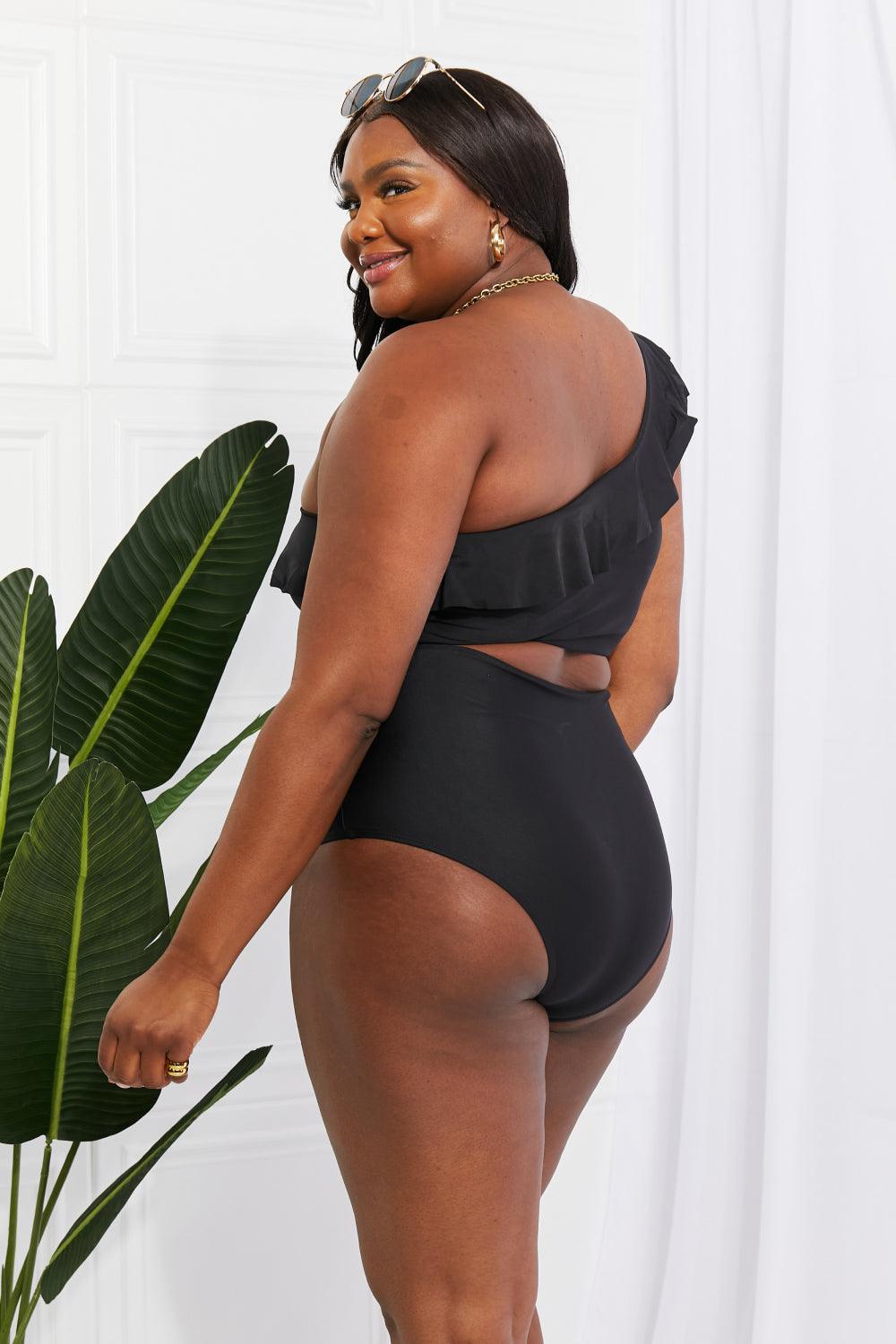 Marina West Swim Seaside Romance Ruffle One-Shoulder Bikini in Black Swimwear Trendsi   