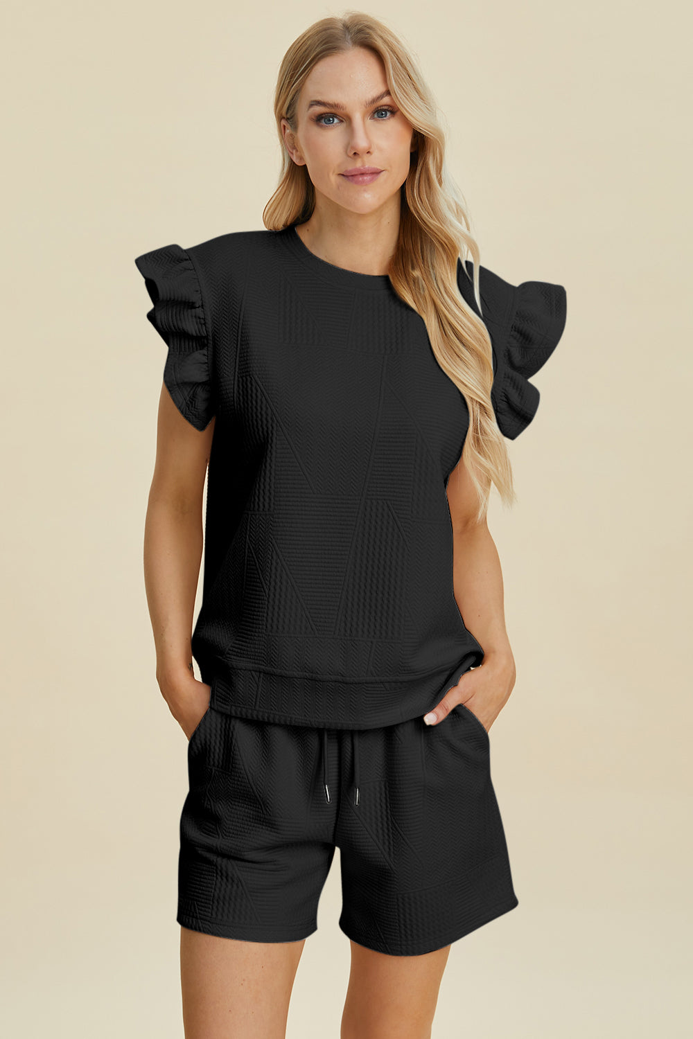 Double Take Texture Round Neck Ruffle Sleeve Top and Short Set Short Set Trends Black L 