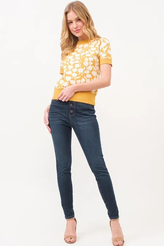 And The Why Short Sleeve Leaf Pattern Knit Top Tops Trends