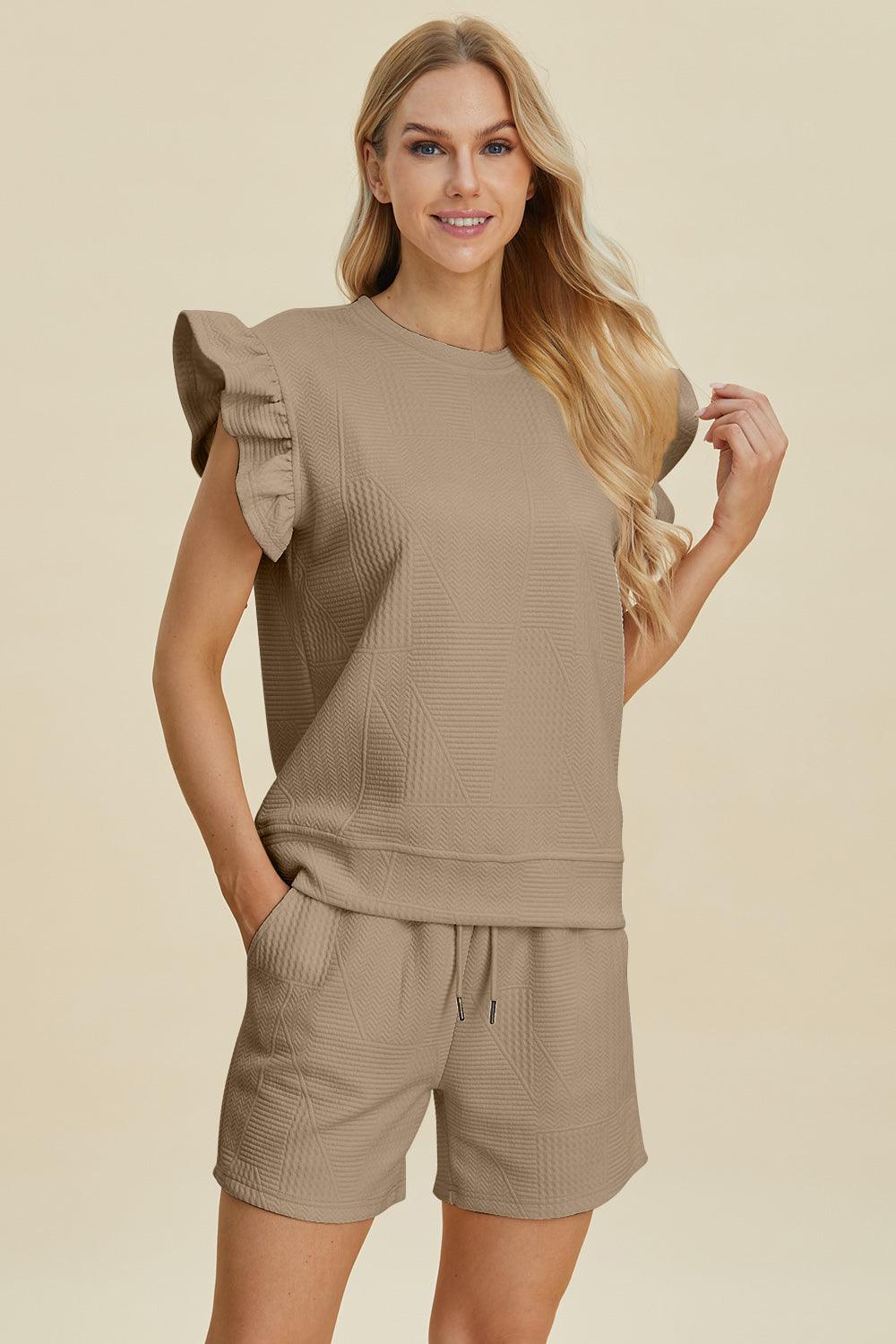 Double Take Texture Round Neck Ruffle Sleeve Top and Short Set Short Set Trends Khaki S 