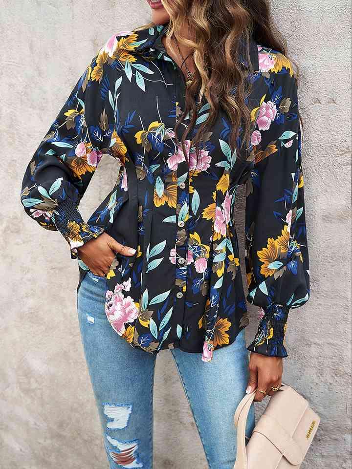 Printed Button-Up Lantern Sleeve Shirt Button-Up Trendsi   