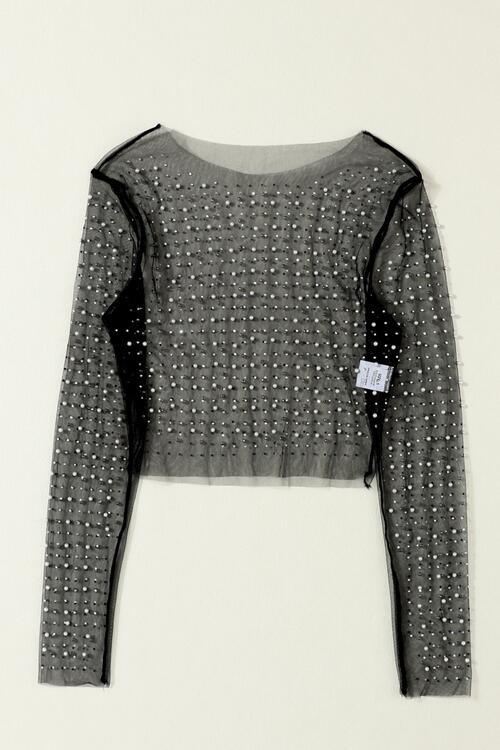 Pearl Mesh Log Sleeve Cropped Top Blouses Trendsi   