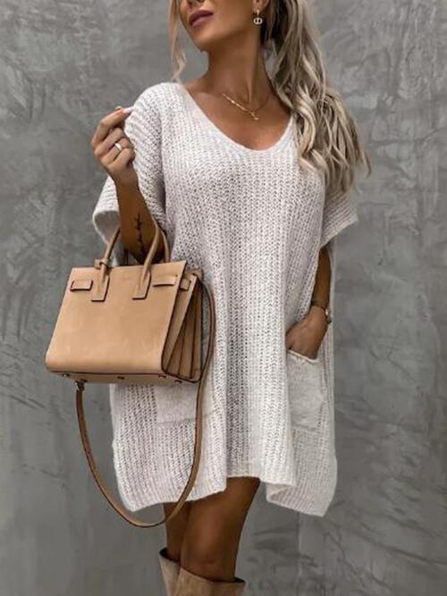 V-Neck Short Sleeve Sweater with Pockets Tops Trendsi White S/M 