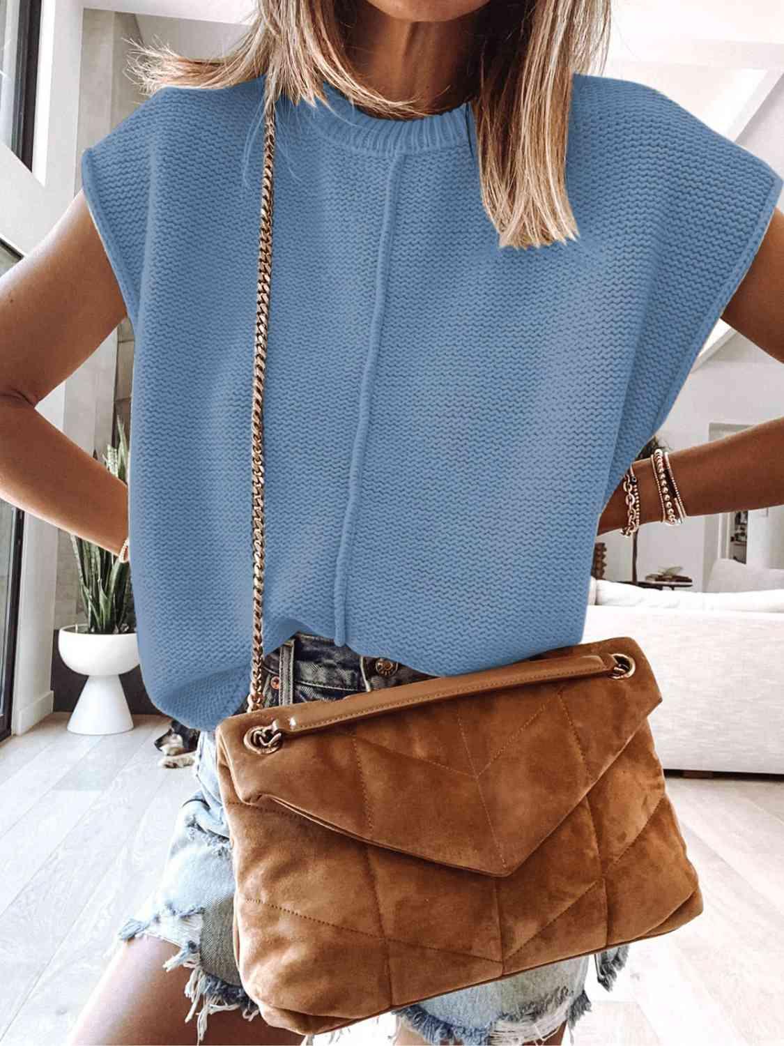 Cap Sleeve Sweater Vest Blouses Trend Misty  Blue S 