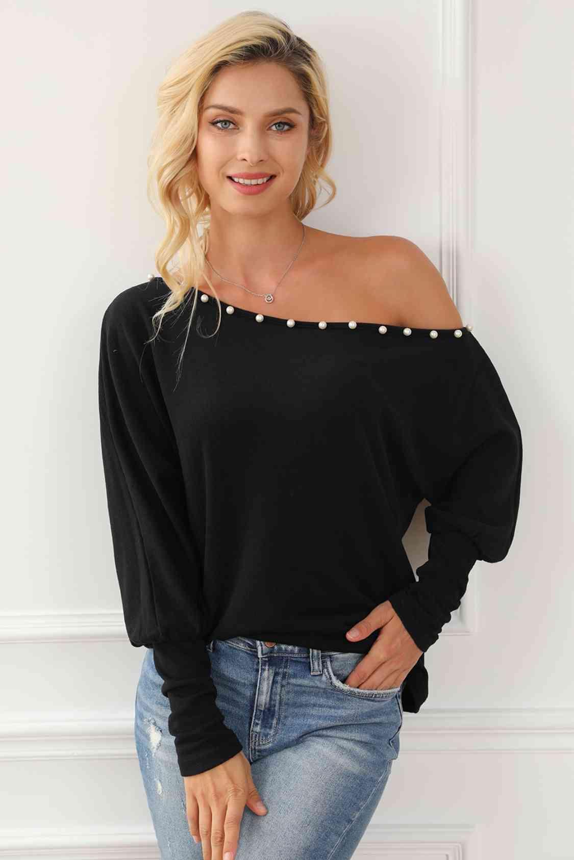 Pearl Trim Lantern Sleeve Top Blouses Trends Black S 