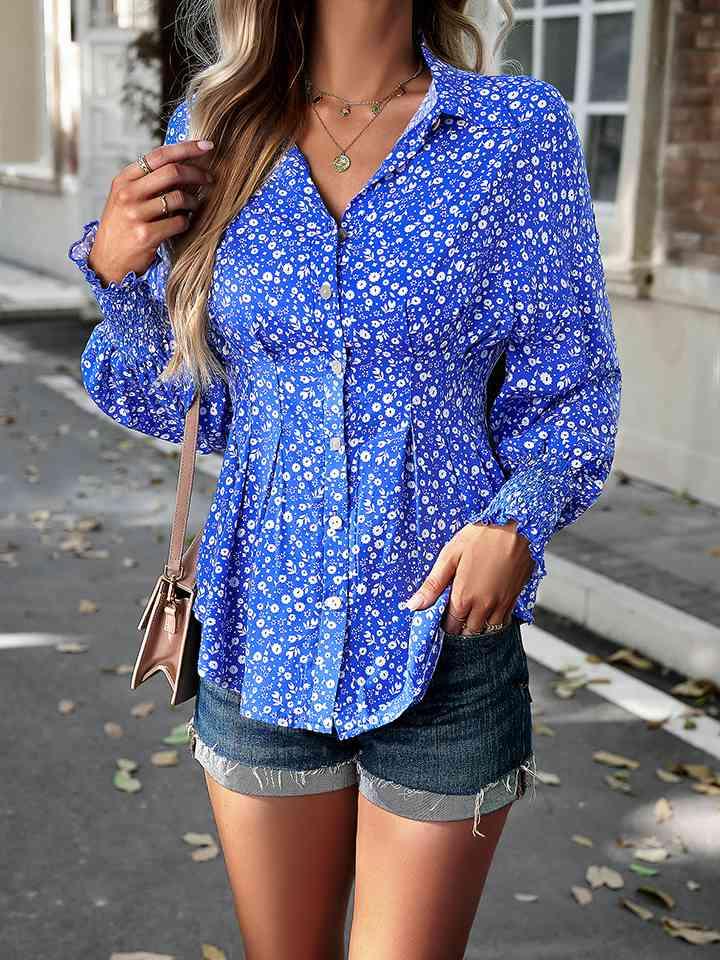 Printed Button-Up Lantern Sleeve Shirt Button-Up Trendsi   