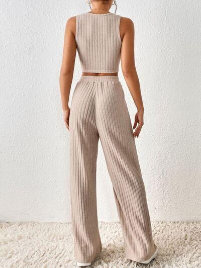 Ribbed Round Neck Tank and Pants Sweater Set Pant Set Trends   