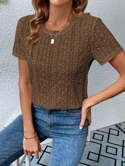Eyelet Round Neck Short Sleeve T-Shirt T-Shirts Trendsi   