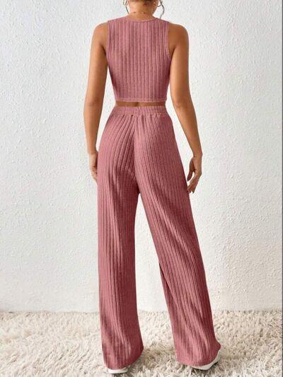 Ribbed Round Neck Tank and Pants Sweater Set Pant Set Trends   