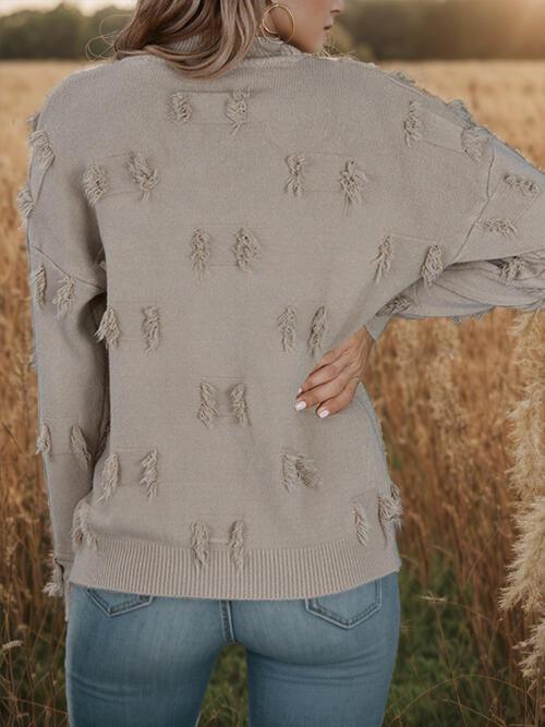 Fringe Detail Long Sleeve Mock Neck Sweater Sweaters Trends   