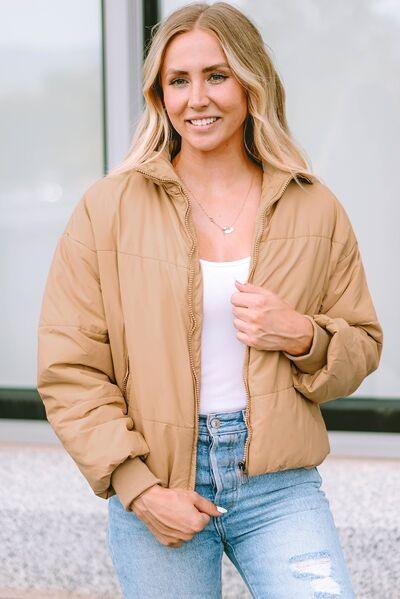Zip Up Collared Neck Coat with Pockets Coats Trendsi   
