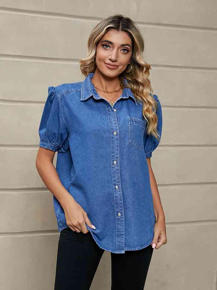 Short Puff Sleeve Denim Shirt Tops Trendsi   