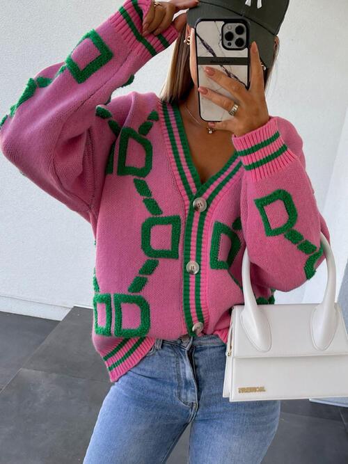 Geometric Dropped Shoulder Button Down Cardigan Cardigans Trend   