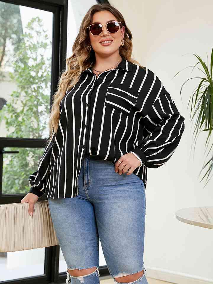 Plus Size Long Sleeve Striped Shirt Tops Trendsi Black 1XL 