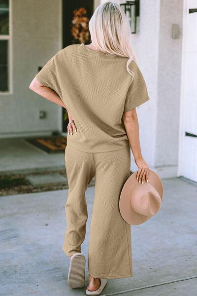 Texture Short Sleeve Top and Pant Set Pant Set Trend   