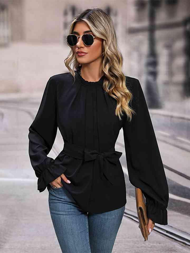 Round Neck Tie Waist Long Sleeve Blouse Blouses Trendsi Black S 