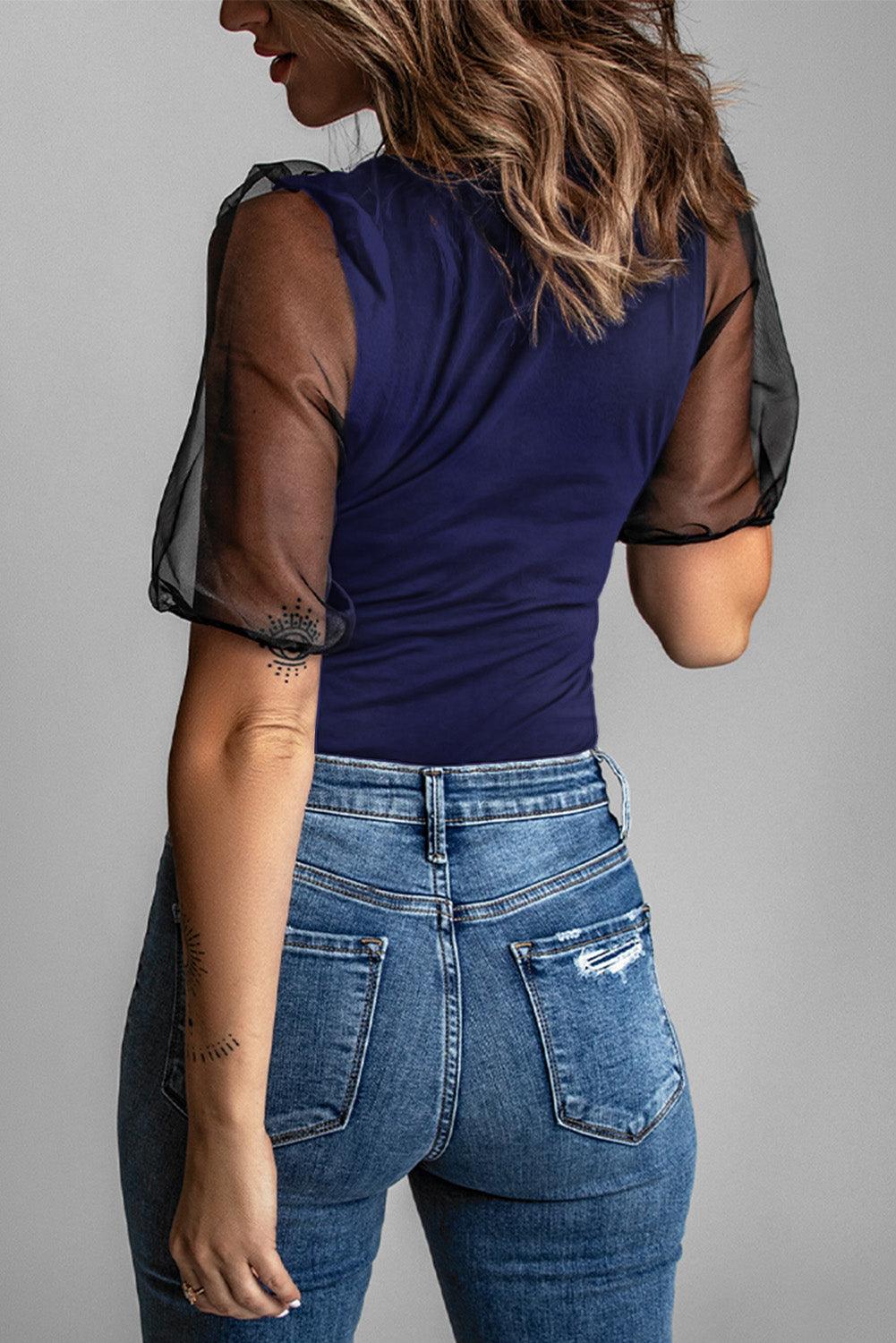 Mesh Puff Sleeve Blouse Blouses White   