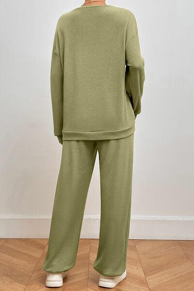 Pocketed Round Neck Top and Pants Lounge Set Pant Set Trends   