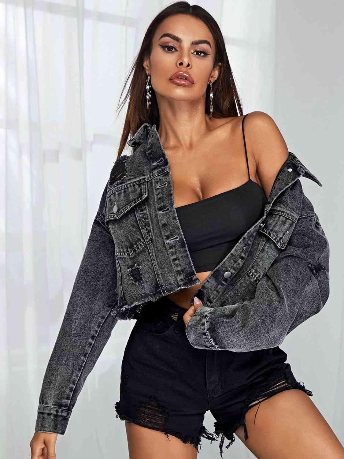Cropped Denim Jacket Jackets Trendsi Black XS 