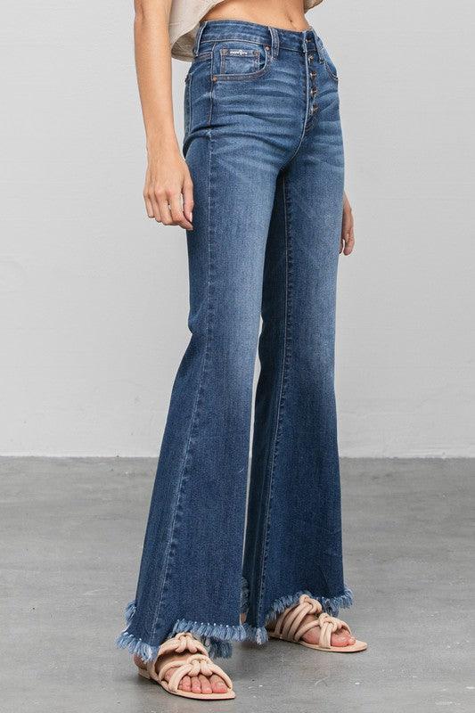 Button Fly Fray Hem Flare Jeans Jeans Denim Lab USA   