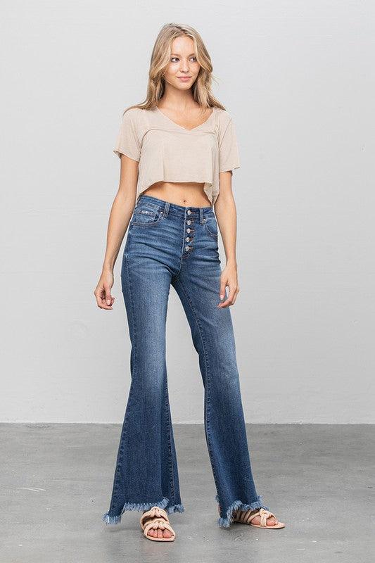 Button Fly Fray Hem Flare Jeans Jeans Denim Lab USA   