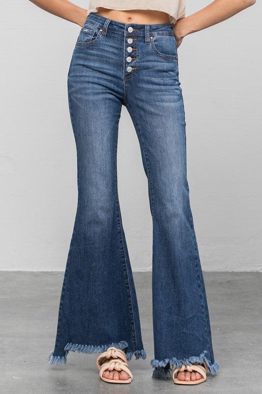 Button Fly Fray Hem Flare Jeans Jeans Denim Lab USA DARK 0/23 