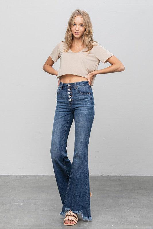 Button Fly Fray Hem Flare Jeans Jeans Denim Lab USA   