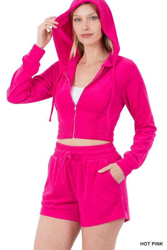 Loop Terry Zip-Up Cropped Hoodie and Short Set Short Set ZENANA HOT PINK S 