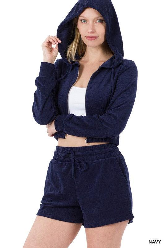 Loop Terry Zip-Up Cropped Hoodie and Short Set Short Set ZENANA   