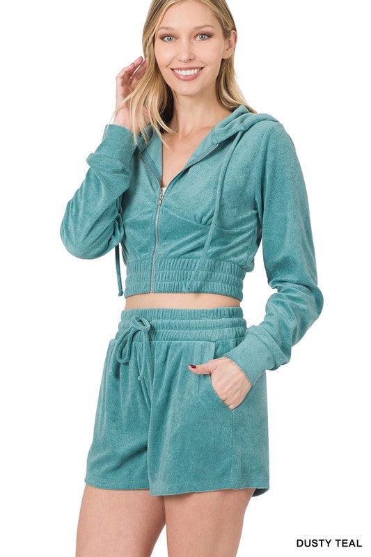 Loop Terry Zip-Up Cropped Hoodie and Short Set Short Set ZENANA   